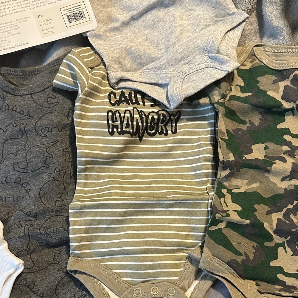 Baby Onesie Lot - Neutral Dino, Camo & Striped Styles, 5 BNWT - Picture 5 of 6